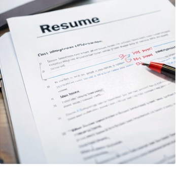 Professional resume review session with notes and laptop on desk